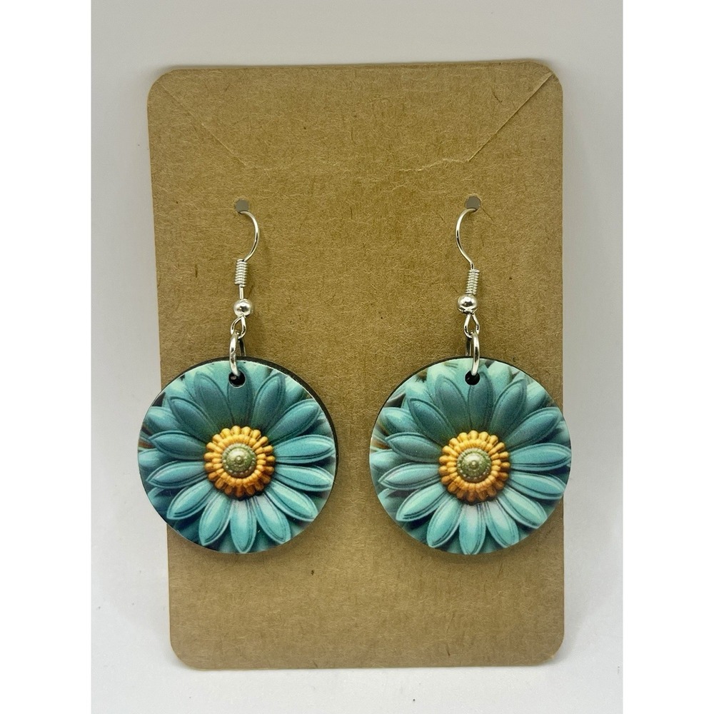 Teal Daisy Pierced Earrings Round Dangle 2"